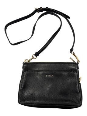 Furla Black Pebbled Leather Zip Crossbody Bag with Gold-Tone Hardware